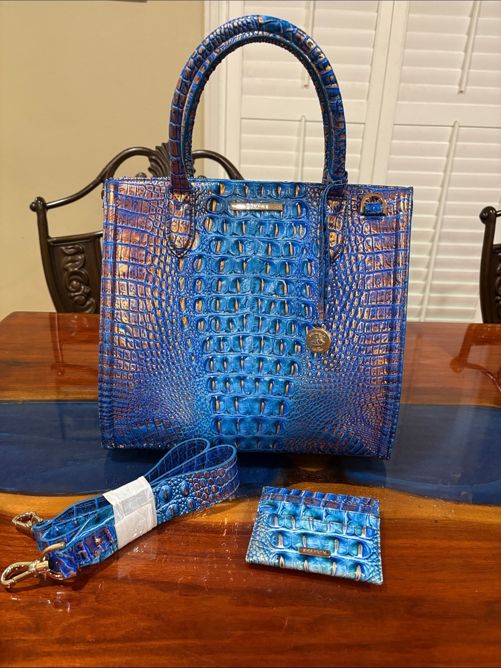 Brahmin Blue and Gold Croc-Embossed Tote with matching card holder.